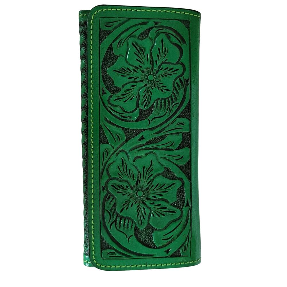 Hand tooled leather wallet trifold Green 7 1/2"x 4" BOHO Chic Mexican Artisan